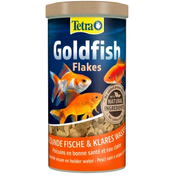 Behälter für Tetra Goldfischflocken mit zwei Goldfischillustrationen, mit dem Text "Bio Aktive Formel" und "Gesunde Entwicklung, klares Wasser".