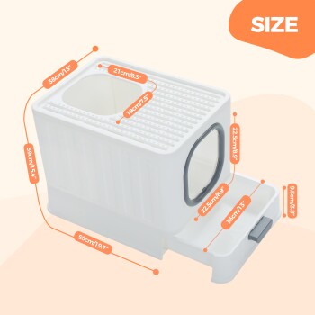 Weißer Haustieraufbewahrungskasten mit den Maßen: 38cm x 21cm x 19cm, mit einer Schublade zum Schieben und einem offenen Oberteil.