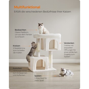 Ein Katzenbaum mit zwei Katzen: eine oben und eine, die einen Sisalpfosten hochklettert, mit Funktionen zum Beobachten, Kratzen, Verstecken, Ausruhen und Spielen.