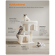 Ein Katzenbaum mit zwei Katzen: eine oben und eine, die einen Sisalpfosten hochklettert, mit Funktionen zum Beobachten, Kratzen, Verstecken, Ausruhen und Spielen.