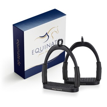 Schwarze Pferdereitsteigbügel, die neben einer markierten Box mit der Aufschrift "EQUINATE pure horse" angezeigt werden.