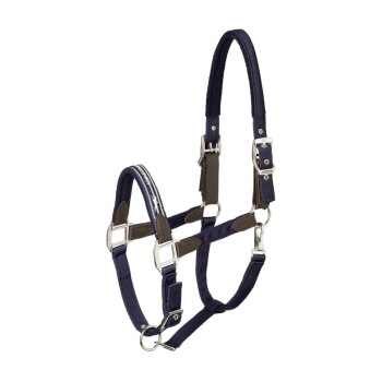 Navyblaues Haustiergeschirr mit silbernen Metallschnallen und braunen Akzenten, entworfen für Komfort und Kontrolle.