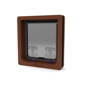 Braune Katzenklappe mit einer transparenten Klappe, mit Tasten zum Verriegeln und Entsperren, beschriftet mit "IN" und "OUT."