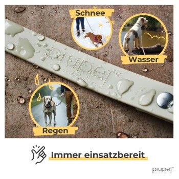 Wasserdichte Hundeleine mit Tropfen, die Hunde im Schnee, Wasser und Regen zeigt. Text: "Immer einsatzbereit," "Schnee," "Wasser," "Regen."