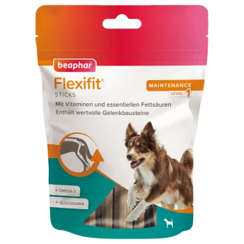 Flexifit Snacks Hund Sticks 7 St. / 175 g Beaphar Flexifit Sticks Verpackung mit einem braun-weißen Hund, beschriftet mit "Wartungslevel 1", mit Text über Vitamine, Omega 3 und Glucosamin.