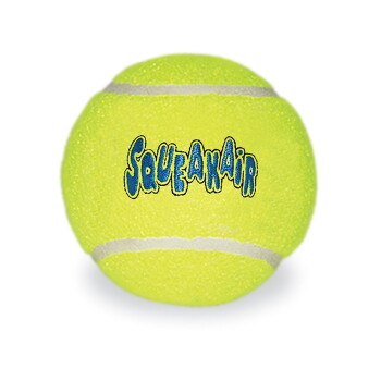 Leuchtend gelber, tennisartiger Hundespielball mit weißen Nähten und blauem 'SQUEAKAIR'-Logo.
