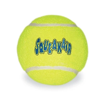 Squeakair Tennisball XL Leuchtend gelber, tennisartiger Hundespielball mit weißen Nähten und blauem 'SQUEAKAIR'-Logo.