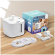 Intelligente Haustier-Wasserfontäne von Nobleza, mit einem weißen Design, einer Box, drei Ersatzfiltern, einem Netzteil und einem Wasseranschluss.