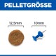 Überschrift 'PELLETGRÖSSE'; braunes rundes Pellet mit Aufdruck '12,5 mm' neben einer blauen Reißzwecke mit '10 mm' zum Größenvergleich
