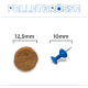Überschrift 'PELLETGRÖSSE'; braunes rundes Pellet mit Aufdruck '12,5 mm' neben einer blauen Reißzwecke mit '10 mm' zum Größenvergleich