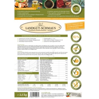 "Landgut-Schmaus" getreidefreies Hundefutterverpackung hebt hohen Insektenproteinanteil, niedrige Allergene, 13 mm Kroketten und 82% Proteingehalt hervor.