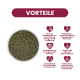 Draufsicht auf eine Schüssel mit grünen Pellet-Tierfutter links, weinrote Symbole und deutscher Text 'VORTEILE' sowie Produktvorteile rechts.