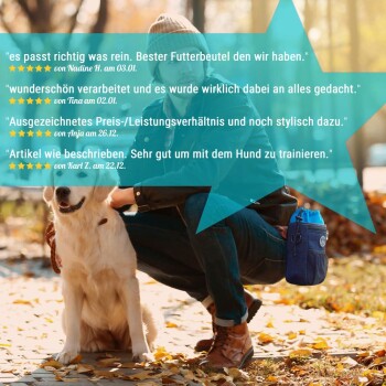 Eine Person kniet neben einem Golden Retriever in einem Park mit Herbstblättern, neben deutschen Bewertungen, die die Qualität eines Haustierprodukts loben.