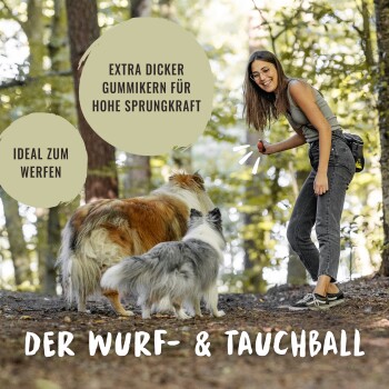 Eine Frau spielt im Wald mit zwei Hunden und einem Spielball, mit Text über den hohen Sprung und ideal zum Werfen.