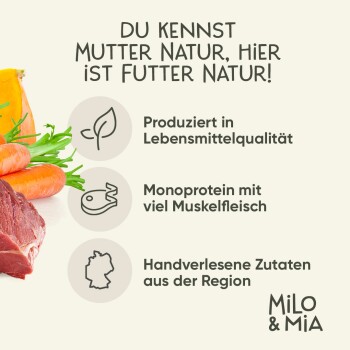 Bild von Haustierfutter, das frische Zutaten wie Karotten und Fleisch zeigt, betont natürliche Produktion, hohen Proteingehalt und regionale Beschaffung.