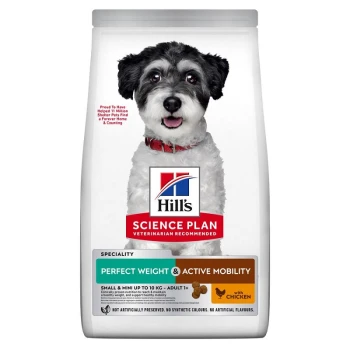 Hill's Science Plan dog food bag, labeled "Perfect Weight & Active Mobility," suitable for small dogs (up to 10 kg).