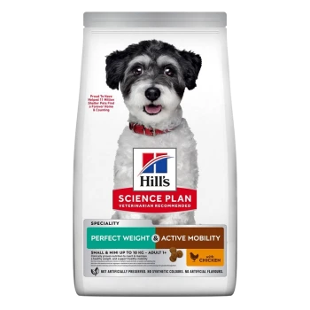 Hill's Science Plan dog food bag, labeled "Perfect Weight & Active Mobility," suitable for small dogs (up to 10 kg).