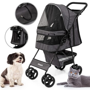 Ein grauer Haustierwagen mit einem Netzdach, der ein geräumiges Fach und einen unteren Aufbewahrungskorb bietet, neben einem lächelnden Hund und einer entspannten grauen Katze.