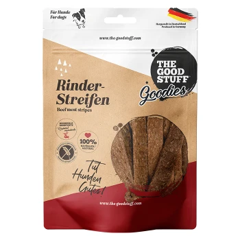 Tüte 'The Good Stuff Goodies' Hundeleckerlis mit der Aufschrift 'Rinder-Streifen (Beef meat stripes)', '100% natürlich', hergestellt in Deutschland.