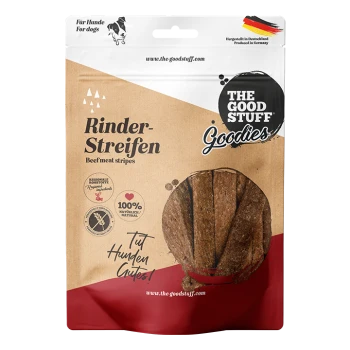 Tüte 'The Good Stuff Goodies' Hundeleckerlis mit der Aufschrift 'Rinder-Streifen (Beef meat stripes)', '100% natürlich', hergestellt in Deutschland.