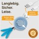 Blaues Haustierspielzeug mit Hasenohren und Federn, ausgestattet mit USB- und USB-C-Ladekabeln, beschriftet mit "Langlebig. Sicher. Leise."