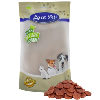 Entenchips 1 kg Verpackung von Lyra Pet Hundeleckerlis mit einem beigen Beutel mit dem Logo 'Lyra Nature Power', Bildern eines Hundes und einer Katze sowie einem Stapel Leckerlis davor.