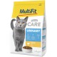 Graue Katze auf einem Haustierfutterbeutel mit der Aufschrift "MultiFit Care Urinary" mit Hühnergeschmack, 1,4 kg, mit ernährungsphysiologischen Vorteilen.