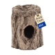 Braune künstliche Baumstamm-Höhle für Haustiere mit rundem Eingang, Anhänger mit der Aufschrift 'Aus Ton' und 'MADE IN EUROPE'.