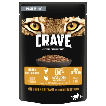 CRAVE kattenvoerzakje met pâté kom en achtergrond met tijgerogen; benadrukt hoog eiwit, graanvrij, 100% natuurlijke kip en kalkoen.