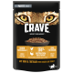 CRAVE Katzenfutterbeutel mit einer Pastetenschüssel und tigeräugigem Hintergrund; hebt hohen Proteingehalt, getreidefrei, 100% natürliches Huhn und Truthahn hervor.