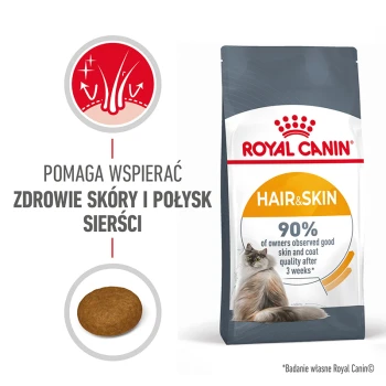 Torba z karmą dla kotów Royal Canin Hair & Skin z kotem, z tekstem informującym, że wspiera zdrowie skóry i blask sierści oraz 90% satysfakcji właścicieli.