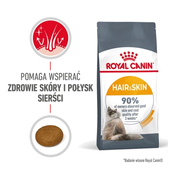 Torba z karmą dla kotów Royal Canin Hair & Skin z kotem, z tekstem informującym, że wspiera zdrowie skóry i blask sierści oraz 90% satysfakcji właścicieli.