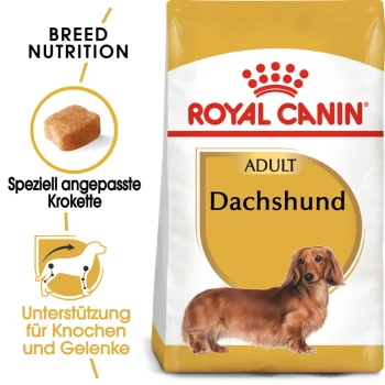 Dachshund Adult 7,5 kg Royal Canin Adult Dachshund Hundefutterbeutel mit einem langhaarigen Dachshund, mit Text, der die Rassenernährung und Gelenkunterstützung hervorhebt.