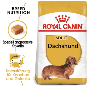 Royal Canin Adult Dachshund Hundefutterbeutel mit einem langhaarigen Dachshund, mit Text, der die Rassenernährung und Gelenkunterstützung hervorhebt.