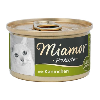Dose Katzenfutter mit einem weißen Kater auf dem Etikett, beschriftet mit 'Miamor Pastete mit Kaninchen' und dem Text 'NEU: zarter'.