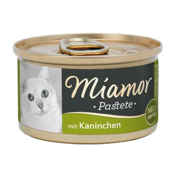 Dose Katzenfutter mit einem weißen Kater auf dem Etikett, beschriftet mit 'Miamor Pastete mit Kaninchen' und dem Text 'NEU: zarter'.