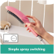 Hand hält eine rosa Haustierpflegebürste mit schwarzen Borsten, Text „Einfache Sprühumschaltung“ und „Select“ Logo.