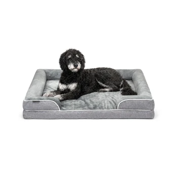 Ein schwarz-weißer, lockiger Hund, der auf einem plüschigen, grauen Haustierbett mit erhöhten Rändern entspannt, vor einem weißen Hintergrund.