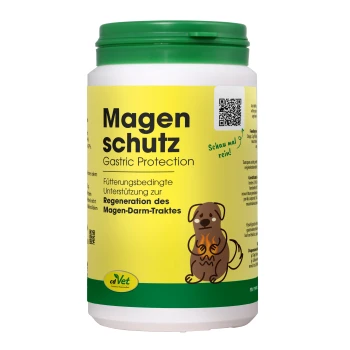 Behälter von cdVet Magenschutz, ein Magen-Schutzpräparat für Haustiere, mit einem leuchtend gelben Etikett mit grünen Akzenten und einem 100% natürlichen Anspruch.