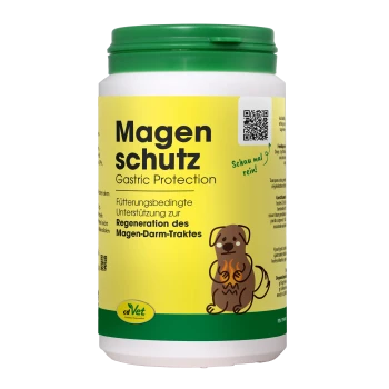 Behälter von cdVet Magenschutz, ein Magen-Schutzpräparat für Haustiere, mit einem leuchtend gelben Etikett mit grünen Akzenten und einem 100% natürlichen Anspruch.