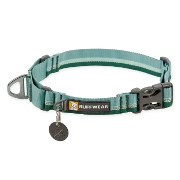 Ein türkis- und grün gestreifter Hundehalsband von Ruffwear, mit einer Kunststoffschnalle und einem Metallschild mit einem Durchgestrichenen Symbol.
