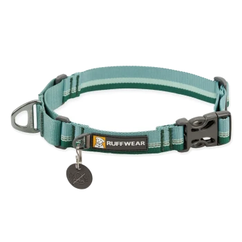 Ein türkis- und grün gestreifter Hundehalsband von Ruffwear, mit einer Kunststoffschnalle und einem Metallschild mit einem Durchgestrichenen Symbol.