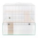 A transparent glass-bottom bird cage with a white metal wire frame, featuring two wooden perches inside.