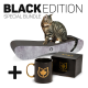 Eine getigerte Katze sitzt auf einem schwarz-grauen Kratzbaum neben einer schwarzen Tasse mit einem goldenen Katzenlogo und einer "CanadianCat"-Box. Text: "BLACK EDITION SPECIAL BUNDLE."