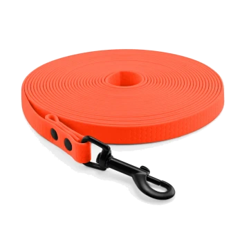 Helle orangefarbene Haustierleine, kreisförmig aufgerollt mit einem schwarzen Metallclip zur Befestigung.
