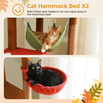 Bild von zwei Katzen in einem Katzenhängemattenbett: eine orangefarbene getigerte Katze in einer grünen Hängematte und eine schwarze Katze in einer roten Hängematte, mit dem Text 'Cat Hammock Bed X2'.