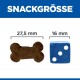 Bild, das ein braunes Hundeleckerli in Form eines Knochens zeigt, das 27,5 mm misst, neben einem blauen Würfel, der 16 mm misst, mit dem Text "SNACKGRÖSSE" darüber.