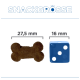 Bild, das ein braunes Hundeleckerli in Form eines Knochens zeigt, das 27,5 mm misst, neben einem blauen Würfel, der 16 mm misst, mit dem Text "SNACKGRÖSSE" darüber.