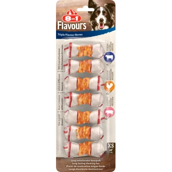 Verpackung für 8in1 Flavours Triple Flavour Bones: Rind, Huhn, Schwein. Hebt "Langanhaltender Kau-Spaß" und Größe XS für Hunde unter 5 kg hervor.