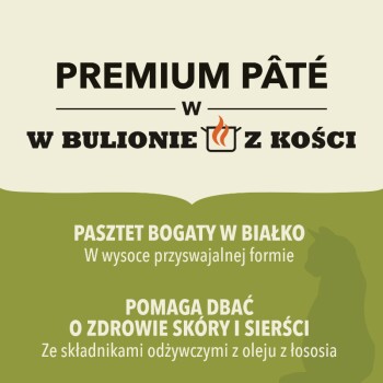 Premium pasztet w bulionie kostnym, bogaty w białko, wspiera zdrowie skóry i sierści dzięki odżywczym składnikom oleju łososiowego.